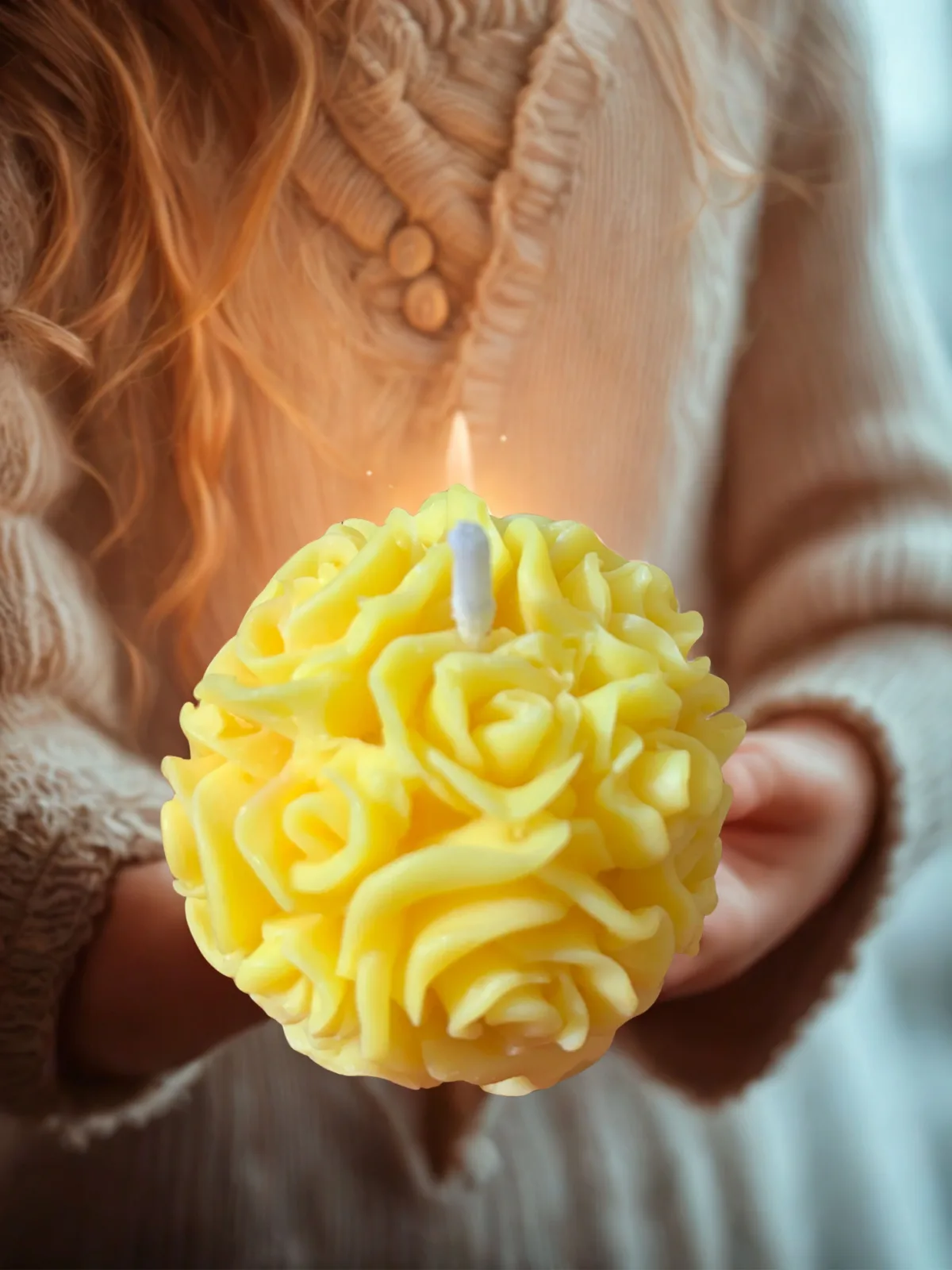 Handmade Yellow Rose Ball Decorative Scented Candle, made with Soya Wax view 2